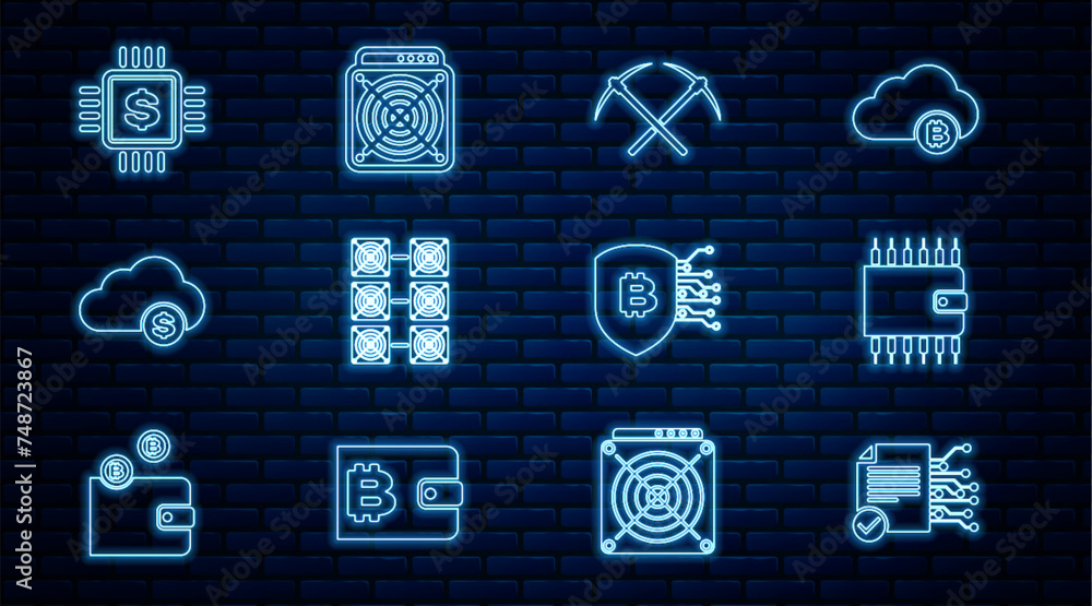 Poster set line smart contract, cryptocurrency wallet, crossed pickaxe, mining farm, cloud mining, processo