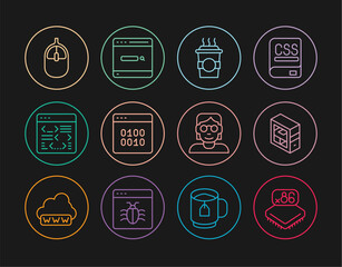Set line Processor with microcircuits CPU, Computer, Coffee cup to go, Binary code, Software, mouse, Hacker coder and Search engine icon. Vector