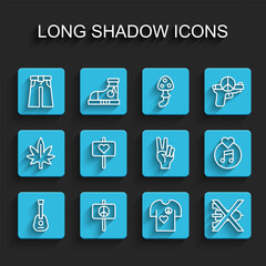 Set line Guitar, Peace, Jeans wide, t-shirt print stamp, No war, Vinyl disk and symbol icon. Vector