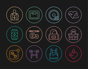 Set line Heartbeat increase, Gym building, Weight plate, Barbell, Energy drink, Bodybuilder, Sport bag and Bathroom scales icon. Vector