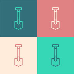 Pop art line Shovel icon isolated on color background. Gardening tool. Tool for horticulture, agriculture, farming. Vector Illustration