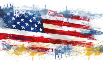 American Flag Painted with Brushstrokes on White Background, Representing Concepts of the United States, Drawing, Grunge, Patriotism, and Independence.