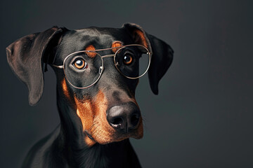 doberman dog pretending to be a circus actor by wearing eyeglasses and looking at the camera. - obrazy, fototapety, plakaty