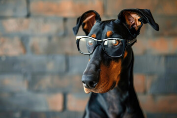 doberman dog pretending to be a circus actor by wearing eyeglasses and looking at the camera. - obrazy, fototapety, plakaty