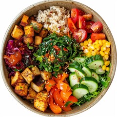 Buddha bowl filled with a variety of colorful and nutritious ingredients, protein, vegetables and carbohydrates.