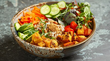 Buddha bowl filled with a variety of colorful and nutritious ingredients, protein, vegetables and carbohydrates. - obrazy, fototapety, plakaty