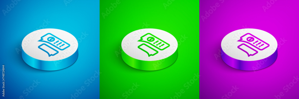 Poster isometric line speech bubble chat about baseball game icon isolated on blue, green and purple backgr