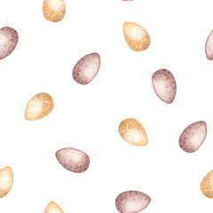 Easter eggs seamless pattern watercolor illustration isolated on white background. Eggs in pastel colors hand drawn. Painted egg in speck. Design for Easter decoration, holiday card, wrapping, paper