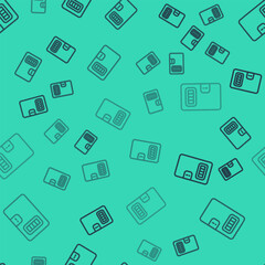 Black line Prison cell door with grill window icon isolated seamless pattern on green background. Vector