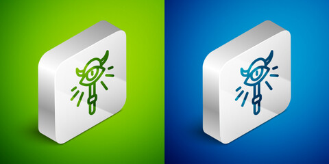 Isometric line Magic staff icon isolated on green and blue background. Magic wand, scepter, stick, rod. Silver square button. Vector
