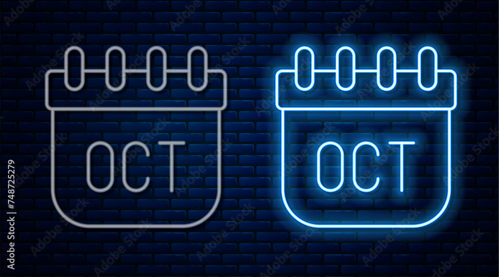 Canvas Prints Glowing neon line October calendar autumn icon isolated on brick wall background. Vector