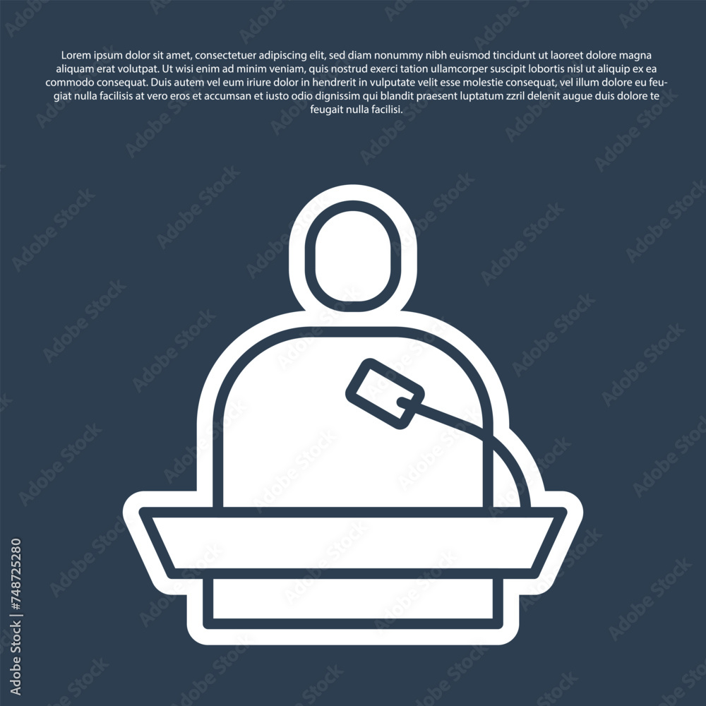 Poster blue line gives lecture icon isolated on blue background. stand near podium. speak into microphone. 