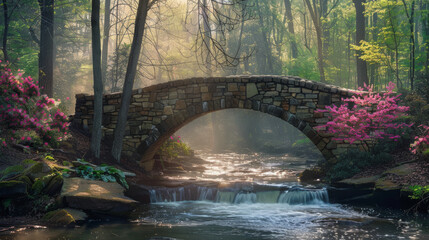 Fototapeta premium A man walks across a bridge surrounded by vibrant flowers in springtime in Greenville, SC.