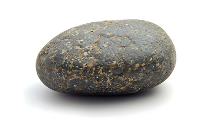 A smooth, oval-shaped rock with a dark gray color. It is sitting on a white surface.
