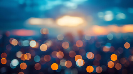 Abstract image of blurry city lights at night with a blue and orange color scheme. The image is...