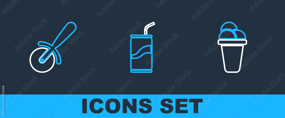 Canvas Prints set line ice cream, pizza knife and soda can with drinking straw icon. vector