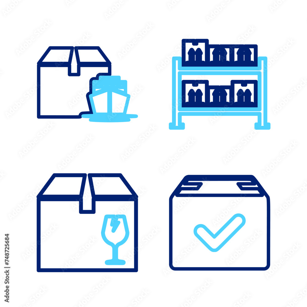 Poster set line package box with check mark, delivery fragile content, warehouse and cargo ship boxes icon.