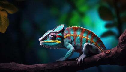 The chameleon is painted in different colors on a branch - obrazy, fototapety, plakaty