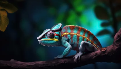 Foto op Plexiglas The chameleon is painted in different colors on a branch © terra.incognita