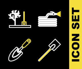 Set line Garden hose or fire hose, shovel, trowel spade and Planting tree in the ground icon. Vector
