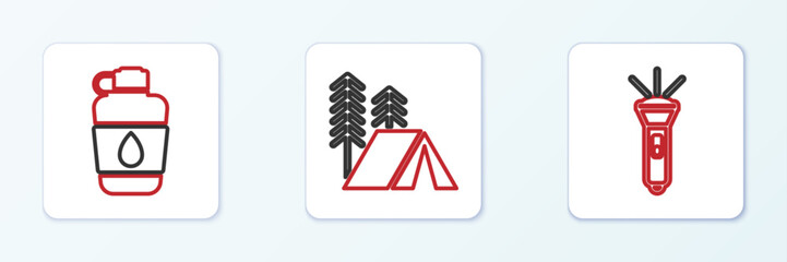 Set line Flashlight, Canteen water bottle and Tourist tent icon. Vector