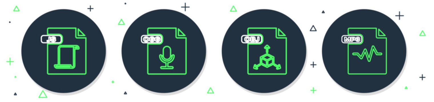 Set line OGG file document, OBJ, JS and MP3 icon. Vector
