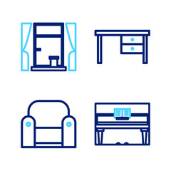 Set line Grand piano, Armchair, Office desk and Window with curtains icon. Vector