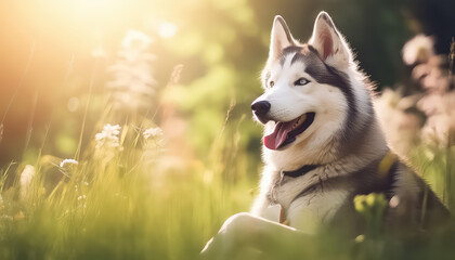 Husky dog walking in the meadow in summer at sunset