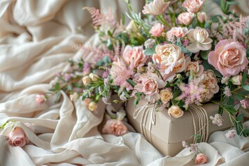 Soft-Hued Flowers in a Round Gift Box with Silk Ribbons