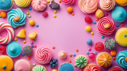 Fototapeta na wymiar top view of various colorful sweets on light pink background. birthday or holiday. space for text