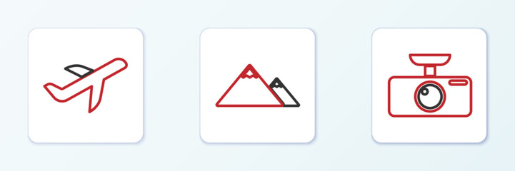 Set line Car DVR, Plane and Mountains icon. Vector