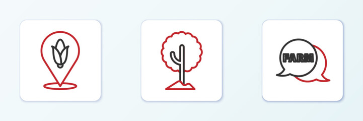 Set line Speech bubble with Farm, Location corn and Tree icon. Vector