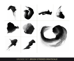 Grunge set: Dynamic brush stroke movements in grayscale vectorized