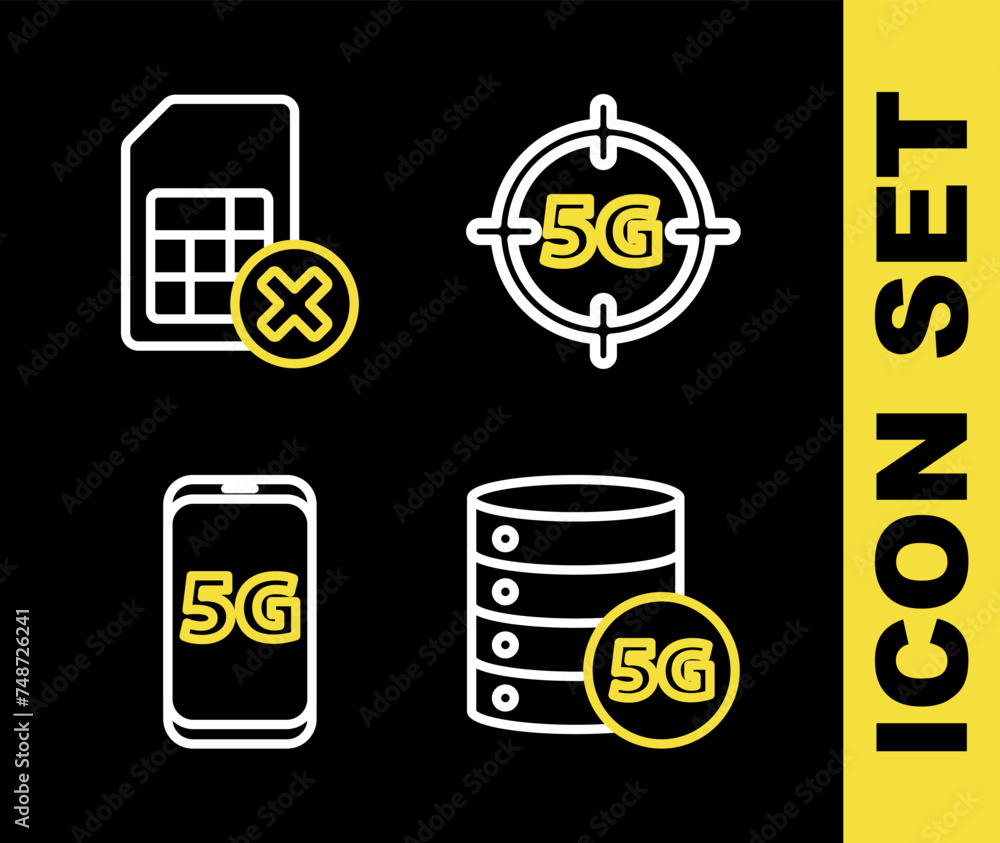 Poster set line 5g network, server, mobile with and sim card rejected icon. vector