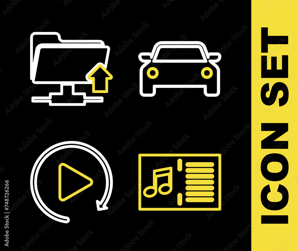 Poster set line car, music book with note, video play button and ftp folder upload icon. vector
