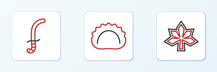 Set line Chestnut leaf, Medieval sword and Dumplings icon. Vector