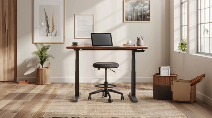 A laptop sits on top of a computer desk, showcasing a modern workspace setup