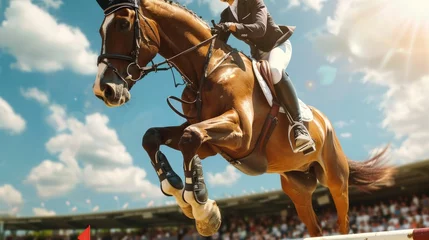 Foto op Canvas Skilled Equestrian Rider Jumping Horse Over Obstacle © _veiksme_