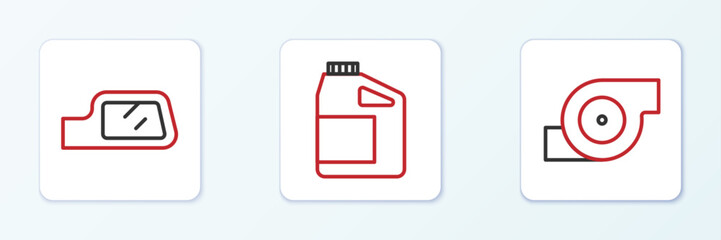 Set line Automotive turbocharger, Car mirror and Canister for motor oil icon. Vector