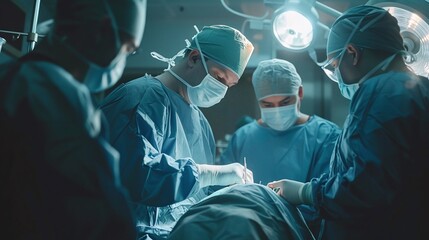 plastic surgeons operating patient for breast implant, dedicated team of medical professionals in scrubs performing surgical procedure in advanced operating room
