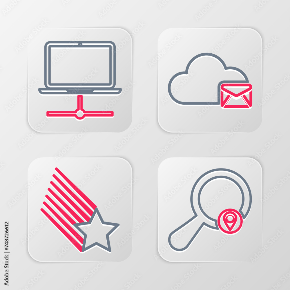 Poster set line search location, falling star, cloud mail server and computer network icon. vector