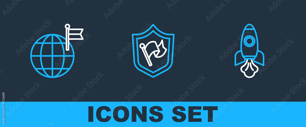 Poster set line rocket ship, planet with flag and shield icon. vector