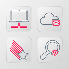 Set line Search location, Falling star, Cloud mail server and Computer network icon. Vector