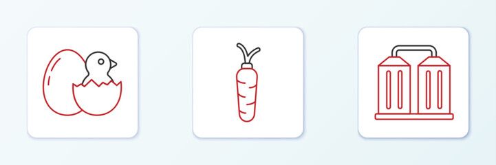 Set line Granary, Little chick in cracked egg and Carrot icon. Vector