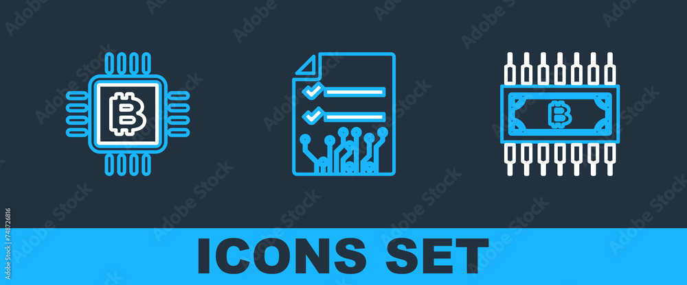 Aufkleber set line cryptocurrency bitcoin with circuit, cpu mining farm and smart contract icon. vector