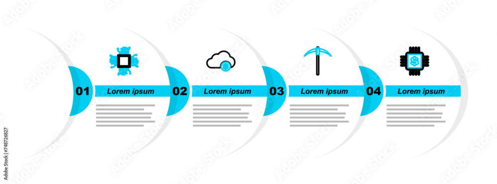 Poster set line processor chip with dollar, pickaxe, cryptocurrency cloud mining and brain as digital circu