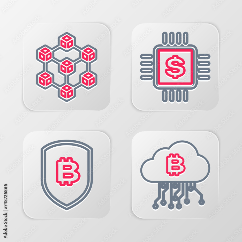 Poster set line cryptocurrency cloud mining, shield with bitcoin, processor chip dollar and blockchain tech