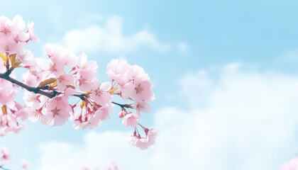 Blooming pink cherry blossoms on the background of the sky