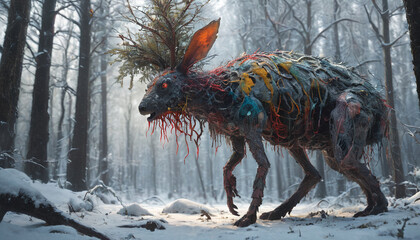 Strange mythical creature in the middle of the forest, generative AI

