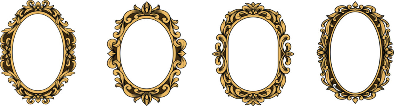 Set of Golden oval vintage frames with classic engraving ornament. Swirl, flourish, victorian, damask, arabesque, filigree floral. Luxury gold element border frame collection vector illustration